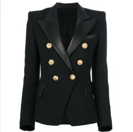 2023 Premium ny stil toppkvalitet blazers original design kvinnors dubbelbröst smala jacka metallspännen blazer svart läder krage outwear size diagram