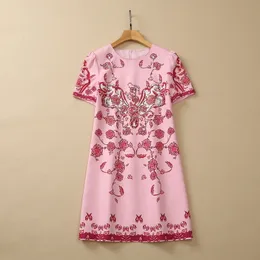 2023 Summer Pink Floral Print pärlor Bomullsklänning Kort ärm Runda nacke Rhinestone Korta Casual Dresses S3L070608