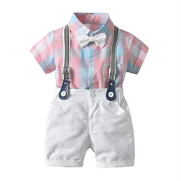 Summer Baby Boys Clothes Set Short Sleeve Bowtie Plaid Shirt Suspender Shorts Boy 2pcs Set Children Outfits 14912307J
