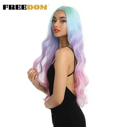 Parrucche sintetiche in pizzo Onda lunga naturale 30 pollici Ombre Blue Rainbow Colore Rosa Parrucche per capelli Parrucche Cosplay in fibra resistente al calore 230524