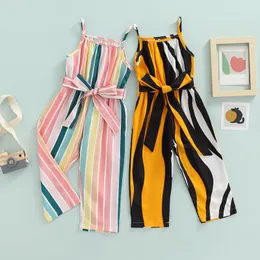 Overalls Girls Casual Bandage Sleeveless Suspender Jumpsuit Summer Fashion Stripe Printing Long Pants Children's Clothing 230609