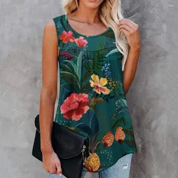 Women's Blouses Women T Shirt 2023 Summer Sexy Tank Top Sleeveless Pleated Arc Hem Vest Flower Printing Crew Neck Loose Female Clothing