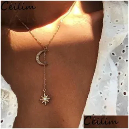 Hänghalsband Bohemian Crystal Star Halsband Mtilayer Vintage Choker med Moon Sun Pendants Fashion Jewelry for Women Drop Delive Dhtih