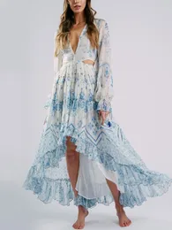 캐주얼 드레스 석고 gypsylady boho floral High Low for Women Chiffon hollow out v-neck long flare sleeve ladies tiered sexy dress restidos