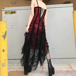 Sexy Strap Mesh Gothic Dress Women Halloween Red Black Patchwork Pleated Fashion Designer Summer Goth Long Dresses 2020