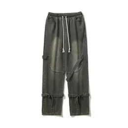 Streetwear Denim Pants Hip Hop Washed Vintage Straight Jeans Elastic Waistband Slim Jeans Pants
