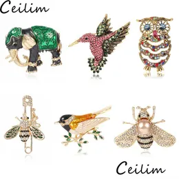 Pins Brooches Cute Owl Bird Bee For Women Animal Shapes Crystal Green Black Brooch Pins Badges Clothes Bags Female Jewelry Drop Deli Dhtec