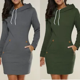 Bikoles Spring Autumn Hooded Drawstring Women's Sweatshirt Dress Fashion Solid Pocket Package Hip Ladies Mini Dresses Plus