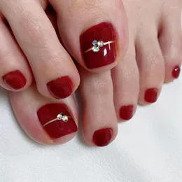 False Nails Gold Line Rhinestone Wine Red Full Cover Short Flat Shape Toe DIY Foot Tips Nail Art Manicure Salon Material