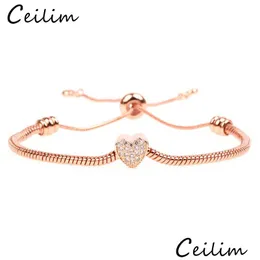 Chain Trendy Adjustable Heart Charm Bracelets Bangles For Women Rose Gold Sier Color Cubic Zirconia Fashion Party Jewelry Gifts Drop Dhwqa