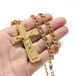 Pendant Necklaces 316L Stainless Steel Charm Crucifix Jesus 41 64mm Cross Pendants 3:1 Figaro Chain 24'' For Men Gifts Jewelry