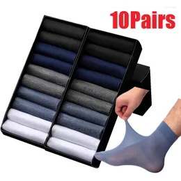 Herrstrumpor 10Pair Summer Breattable Mens Bamboo Fiber Middle Tube Thin Elastic Silky Sock Simple Men Straight