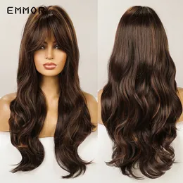 Parrucche ondulate naturali sintetiche lunghe con frangia Parrucca marrone con capelli biondi resistenti al calore per donne nerefabbrica