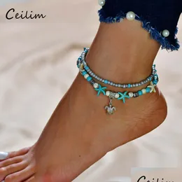 Chain Tortoise Pendant Anklet Beads Bracelets Starfish For Women Antique Sier Color Vintage Sandal Statement Bracelet Foot Leg Boho Dhhrb