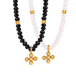 Hänge halsband franska svart glas sten pärlkedja kedja tvärs rostfritt stål guldfärg krage halsband för kvinnor känsliga smycken