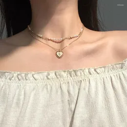 Pendant Necklaces UMKA Retro Two Layers Pearl Love Flowers Necklace Gold Color Clavicle Choker Jewelry For Women Beads 2023