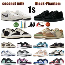 Buty designerskie z pudełkiem buty do koszykówki Jumpman 1 Low Mocha Panda Black Phantom 1S Voodoo Sneakers dla mężczyzn kobiety J1 Mleko kokosowe Cactus Jacki Blue 1low Mens Treners