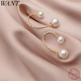 Stud Earrings WANTME Real 925 Sterling Silver Minimalist Pearl Line Studs For Women Party Wedding Fine Hoop Jewelry Accessories Gift