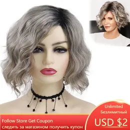 Women Curly Wigs Short Grey Synthetic Hair Natural Bob Hairstyles Water Wave Cut Ombre Wig Dark Roots Soft Fluffy Wigfactory di