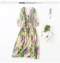 Summer Multicolor Floral Print Paneled Silk Dress 3/4 Sleeve V-Neck-knappar MIDI Casual Dresses C3A255073