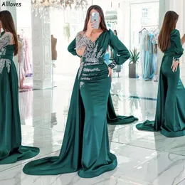 Kaftan Morrocan Dubai Arabic Prom Dresses With Detachable Train Long Sleeves Ruched V Neck Satin Beaded Sparkle Rhinestones Mermaid Formal Evening Gowns CL2413