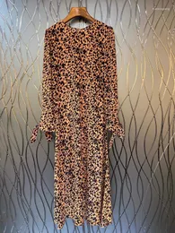 Casual Dresses 2023 Women's Fashion Long-sleeved Crewneck Leopard Print Decorative Cuff Ribbon Dress 326