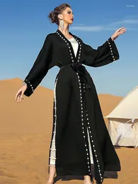 Ethnic Clothing Ramadan Eid Djellaba Abaya Dubai Muslim Dress Kimono Cardigan Robes Pearl Beading Islam Abayas With Belt WY733
