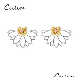 Stud Fashion Romantic Rose Flower Earrings for Women Gold Sier Creative Löstagbara Simple Party Jewelry Gift Drop Delivery Dh1tn