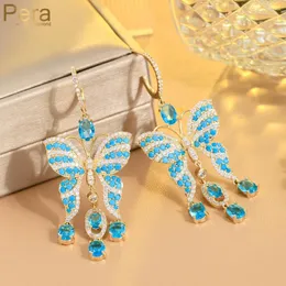 Dangle Earrings Pera Elegant Dinner Dress Jewelry Long Tassel Big Light Blue CZ Butterfly Drop For Women Fashion Accessory E048