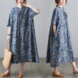 Party Dresses 2023 Summer Fashion Large Size Ethnic Style Cotton And Linen Comfortable Printing Loose Short-Sleeved Dress Female Trend