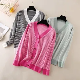 Women's Knits 2023 Striped Knitted Sweater Cardigan Coat Women Spring Autumn Loose Tops Jacket Lady V-Neck Single-breasted Sweaters