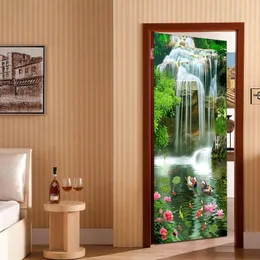 Tapety chiński styl 3D Waterfalls Lotus karp po drzwi naklejka ścienna malowidła ścienne tapeta salon sypialnia badanie pvc wodoodporne
