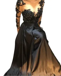 Elegant A-Line Long Sleeves Evening Dresses sheer neck Black Formal Dress Handmade Flowers Crystal Satin Lace Women Evening Gowns