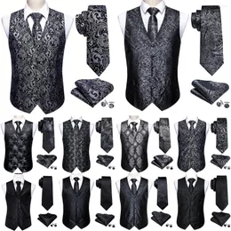 Men's Vests Elegant Mens's Vest Silk Black Silver Pasley Floral Dress Suit Waistcoat Tie Bowtie Set Sleeveless Jacket Formal Barry Wang