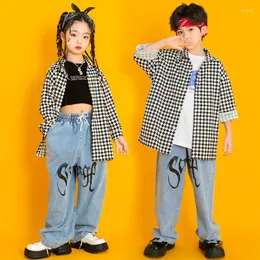 Stage Wear Kinderen Hip Hop Dance Kleding Plaid Shirt Tops Voor Meisjes Casual Denim Broek Jazz Prestaties Rave Kid Straat Kostuum