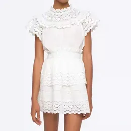 2023 Two Piece Set 100% Cotton Hollow Lace Small Flying Sleeve Cotton Short Sleeve Shirt Top with Elastic Waist Skirt