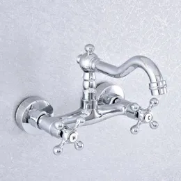 Kökskranar Chrome mässing Swivel Spout Basin kran Dual Knob Cross Handle Thack Sink Taps and Cold Water Tap 2SF777