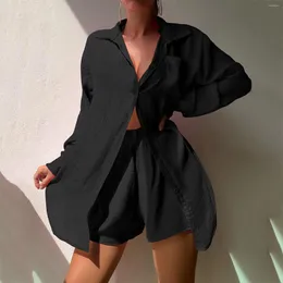 Fatos de Treino Feminino Moda Manga Comprida Camisa com Botão de Lapela Conjuntos de Calções Feminino Casual Cor Sólida 2 Peças Fato de Banho Solto para Praia Proteção Solar