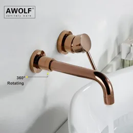 Bathroom Sink Faucets Shiny Rose Gold Wall Mounted Basin Faucet Tap Solid Brass Polishing Mixer Single Handle With Rotating Spout ML8037
