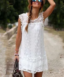 夏のデザイナーセクシーなホワイトドレス女性ノースリーブレースタッセルミニドレスビキニ女性ファッションセックススカート服プラスサイズ5xl
