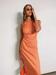 Casual Dresses Jastie Round Neck Women's Dress Hollow Orange ärmlös bomull och linne för kvinnor 2023 Summer Sexig midja höft