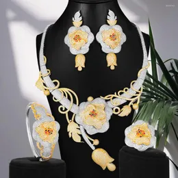 Серьги ожерелья устанавливают Godki 4pcs Big Fashion Luxury Flowers Африканские украшения для женщин Свадебная вечеринка Кубическая циркония Дубай Бридал