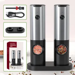 Herb Spice Tools Rechargeable Electric Salt And Pepper Grinder Set USB Charging Base Stainless Steel Automatic With LED Mill 230609