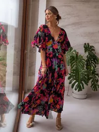 Basic Casual Dresses Boho Floral Printed V-neck Short Sleeve Self Belted Cotton Dress Tunic Women Summer Clothes Street Wear Maxi Dresses A1341 230609