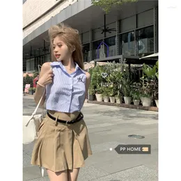 Women's Blouses Sleeveless Shirts And Female Preppy College Style Western Blue Striped Shirt Women Lapel Short Vest Top