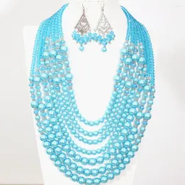 Necklace Earrings Set Classic Cute/Romantic Sky Blue 7Rowes Neckalce Round Shell Simulated Pearl Abacus Crystal Diy Bohemia Jewelry B1300