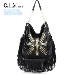 Factory wholesale ladies shoulder bags street personality tassel punk messenger bag large capacity solid color leather knapsack trend hand-made rivet handbag