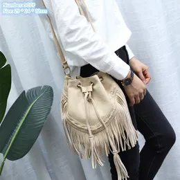 Factory wholesale ladies shoulder bags 4 colors handmade tassel thick leather bucket bag street fashion rope backpack Joker solid color women handbag