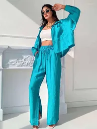 Women's Tracksuits Women Casual Trouser Suit 2023 Summer Loose Long-sleeved Shirt Women's Polo Collar Wide-leg Pants Two-piece Set