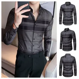 Herrklänningskjortor Herrens högkvalitativa skjorta randiga rutiga löst affärer Casual Silk Smooth Shirts Långärmad Mänskjortor 230609